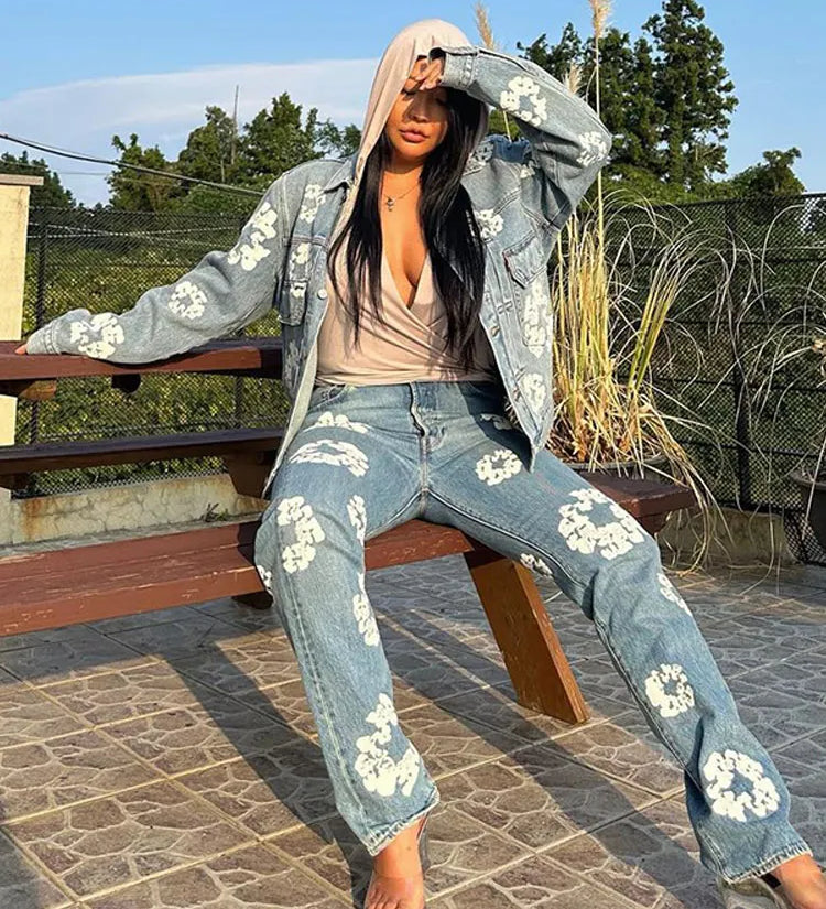 Retro Denim Tears Couples Outfit - Matching Jacket and Pants Set Jacket