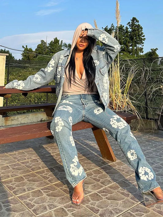 Retro Denim Tears Couples Outfit - Matching Jacket and Pants Set Jacket
