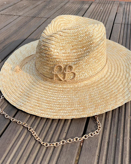 Handmade Straw Sun Hat with Metal Chain for Women style 2 54-58cm Hats