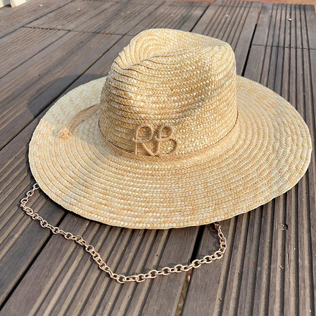 Handmade Straw Sun Hat with Metal Chain for Women style 2 54-58cm Hats