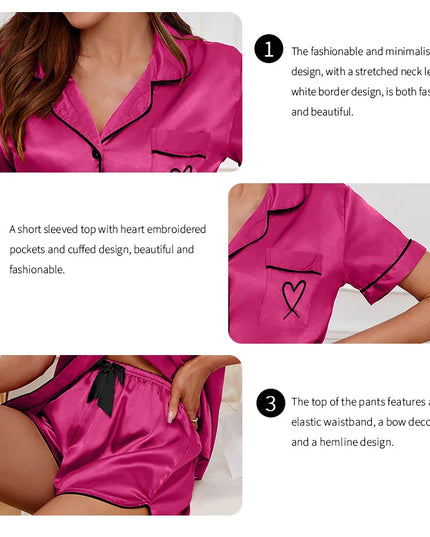 Women’s Heart-Embroidered Button-Down Pajama Set Women Tops
