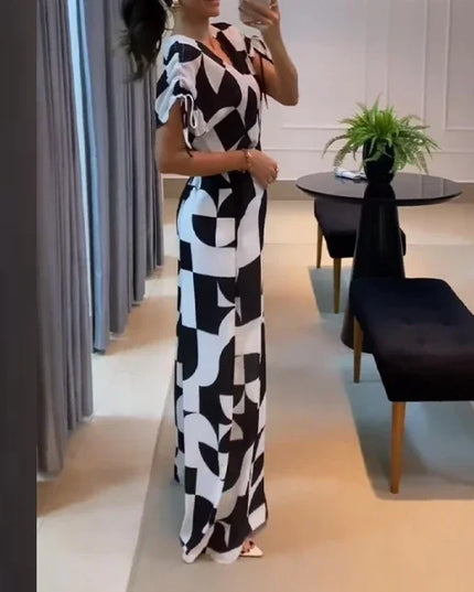Women's Casual V-Neck Geometric Print Wide Leg Jumpsuit Jumpsuit