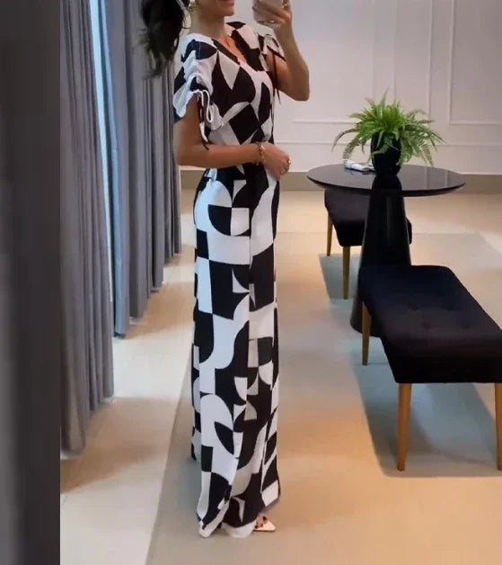 Women's Casual V-Neck Geometric Print Wide Leg Jumpsuit Jumpsuit