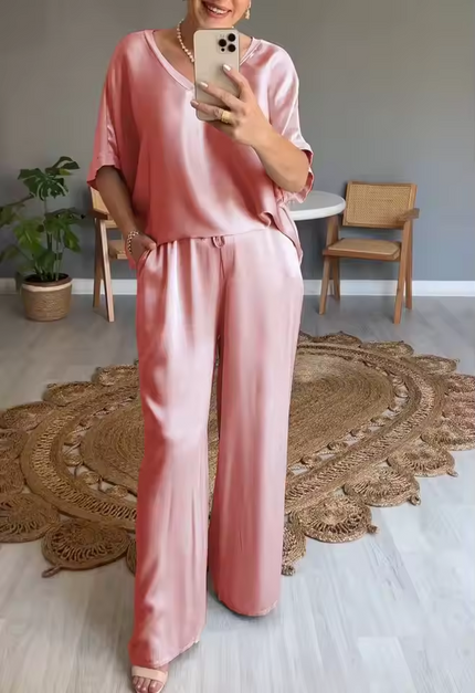 Summer Short-sleeved T-shirt Two-piece Set For Women Pink Outfit Sets