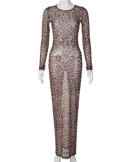 Hugcitar Leopard Print Mesh Maxi Dress Dresses