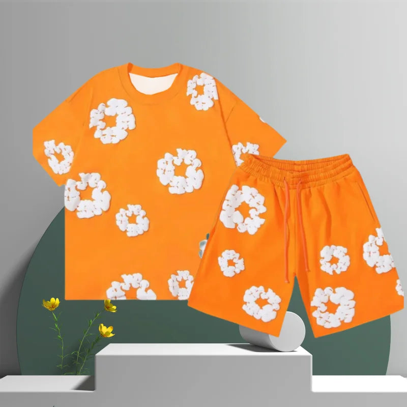 Men's Denim Tears Cotton Flower 3D Printed Shorts Set Orange Shorts