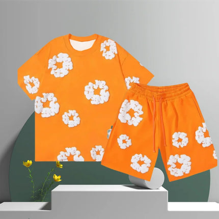 Men's Denim Tears Cotton Flower 3D Printed Shorts Set Orange Shorts