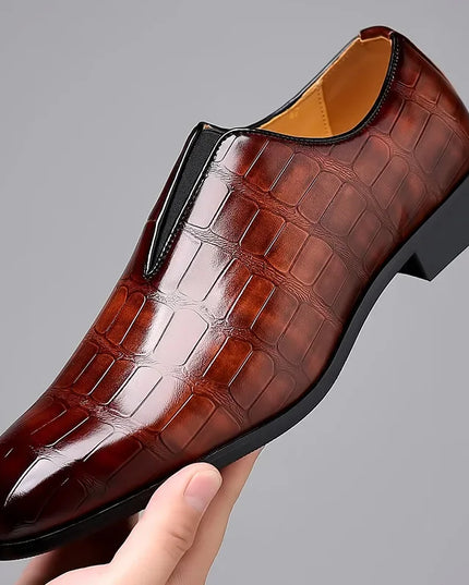 George™ Slip-On Leather Loafers – Stone Pattern Dark Brown Shoes