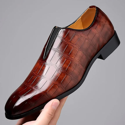 George™ Slip-On Leather Loafers – Stone Pattern Dark Brown Shoes