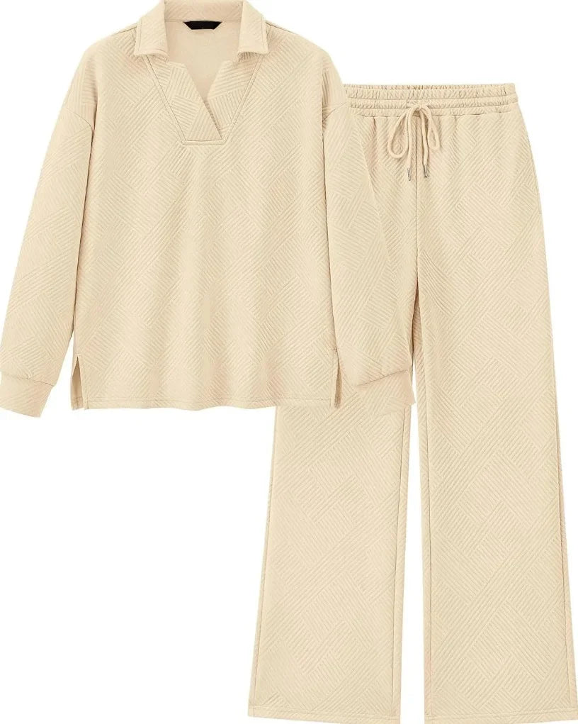 Mireya™ | Women's Lapel V Neck Textured Lounge Sets Two piece set