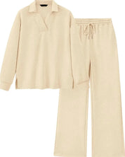 Mireya™ | Women's Lapel V Neck Textured Lounge Sets Two piece set