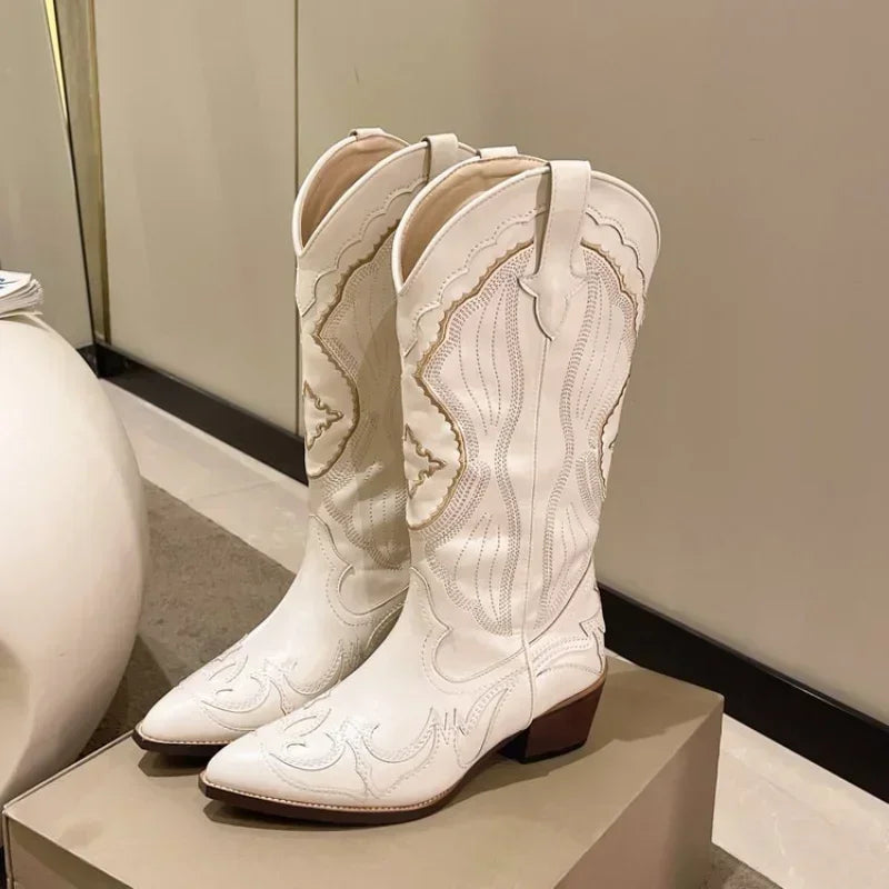 Vintage Square Toe Embroidered Western Cowboy Boots with Side Zipper Boots