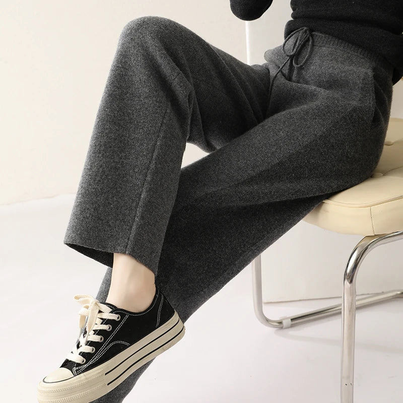 Plush Wool Pants – Wide-Leg Cozy Wool Trousers Dark Gray Women Pants