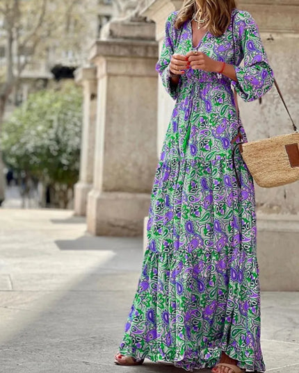 Women’s Boho V-Neck Printed Midi Dress – Long Sleeve High-Waist Casual Dresses