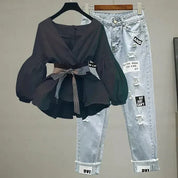 Bow-Tie Denim Two-Piece Set Only-Black-Sets Outfit Sets