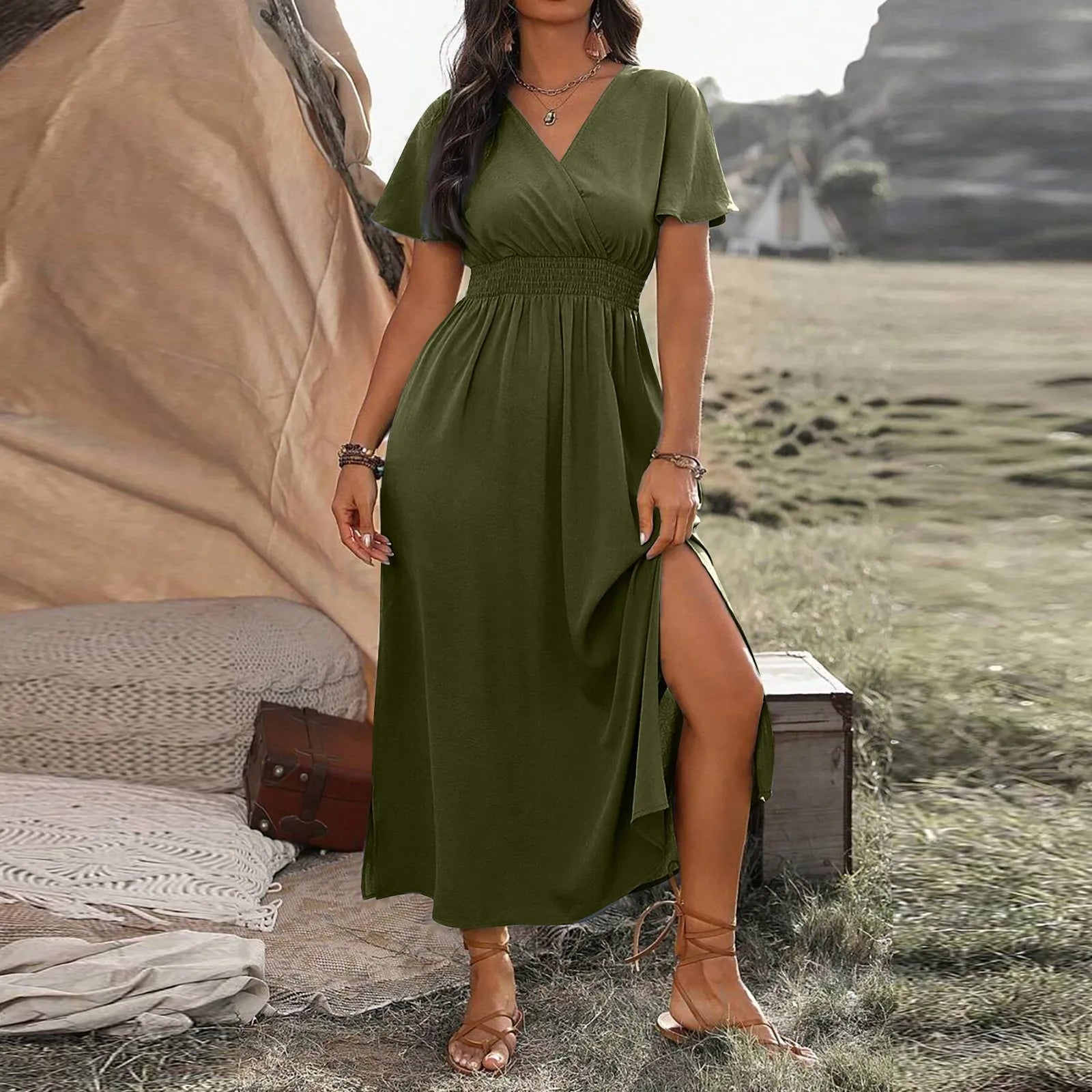 Mel | Elegant Summer Dress Army Green Dress