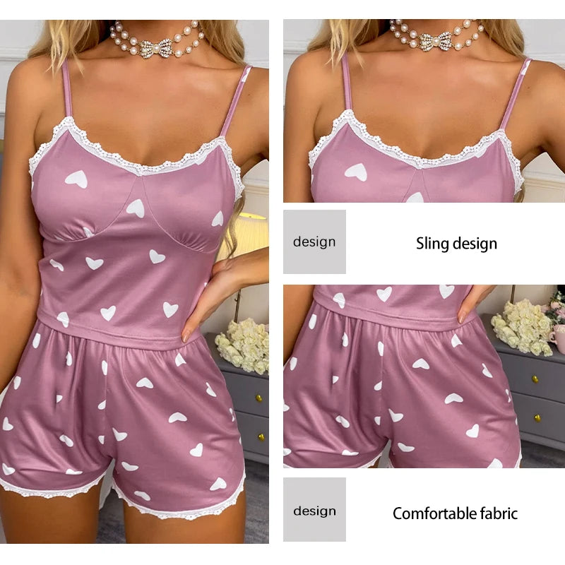 Women’s V‑Neck Lace-Trim Pajama Set Women's Tops