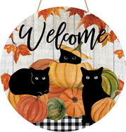 Welcome Fall Black Cat Door Sign WHITE 30x30cm Halloween Decorations