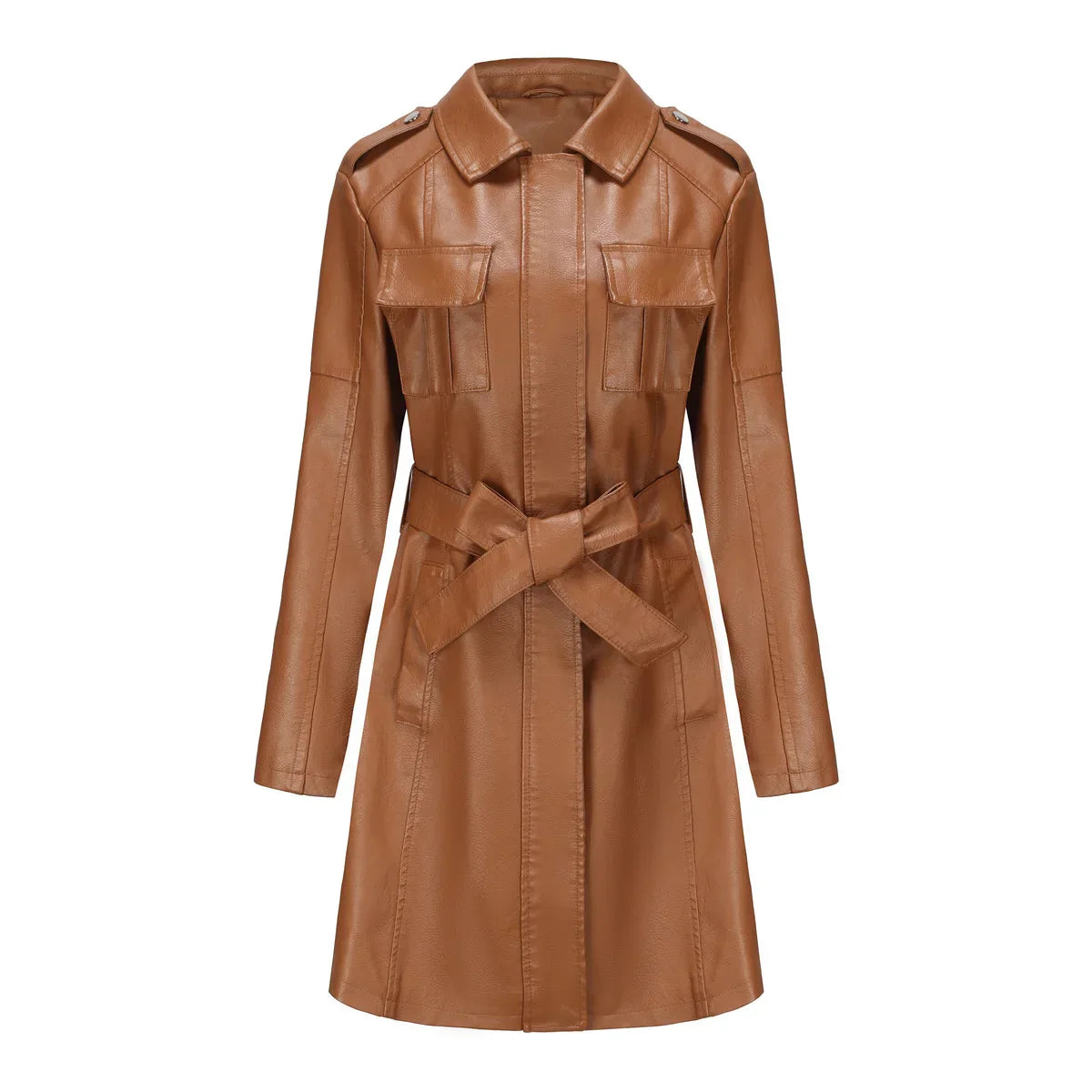 Mid length Leather Trench Coat Light Brown Coats