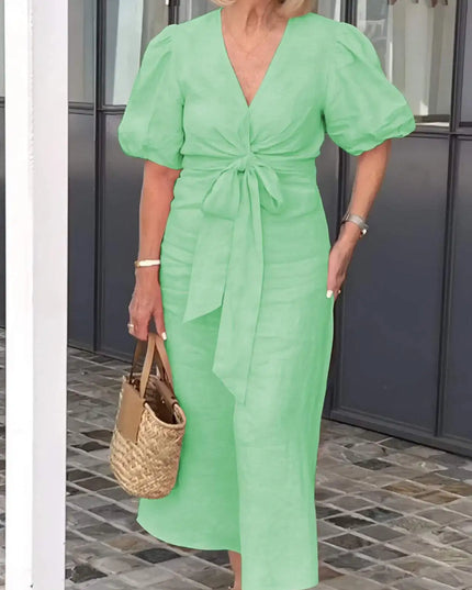 Esther | V-Neck Cotton Dress With Laces Light green Dresses