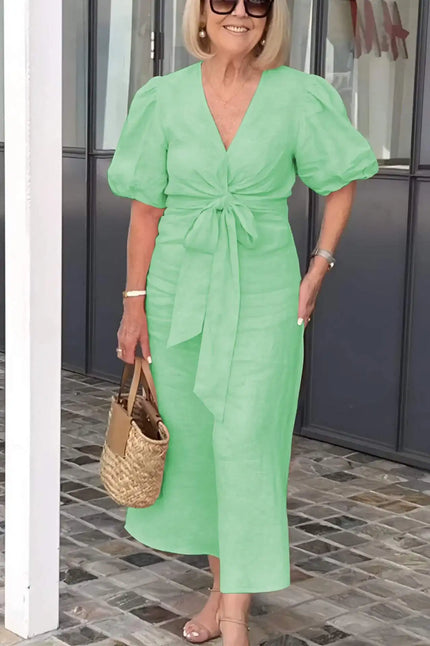 Esther | V-Neck Cotton Dress With Laces Light green Dresses