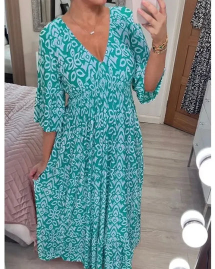 Ruth™ | Casual V-Neck Printed Dress Lake Blue Dresses