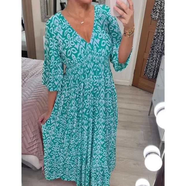 Ruth™ | Casual V-Neck Printed Dress Lake Blue Dresses