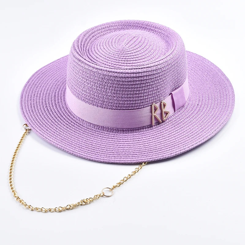 Summer Straw Hats for Women Ribbon Decoration Elegant Ladies Party Dress Hats Travel Beach Sun Hat Chapeau Femme light purple One Size