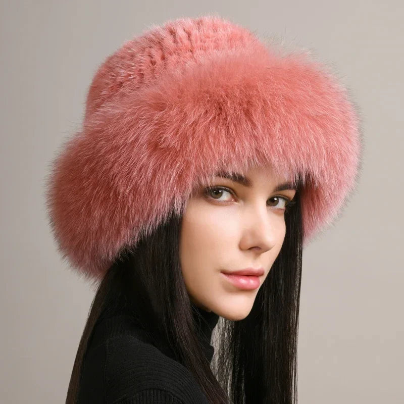 Siberian Aurora Knitted Mink Fur Hat – Luxurious & Timeless Warmth Rose Elastic(54-62cm) Hats