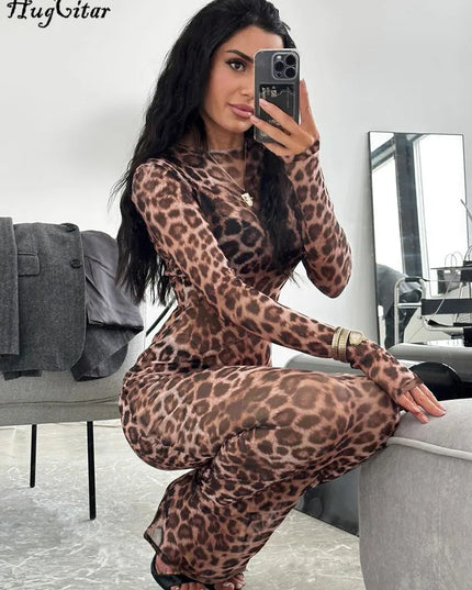 Hugcitar Leopard Print Mesh Maxi Dress Dresses