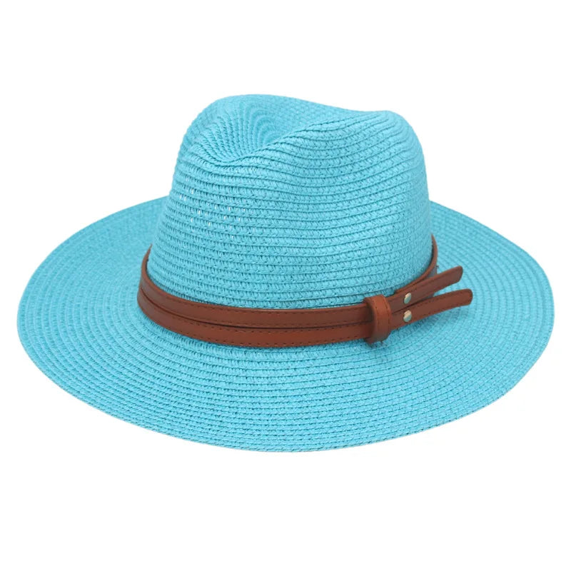 Breathable Straw Panama Sun Hat Lake Blue Hats