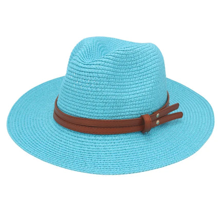 Breathable Straw Panama Sun Hat Lake Blue Hats