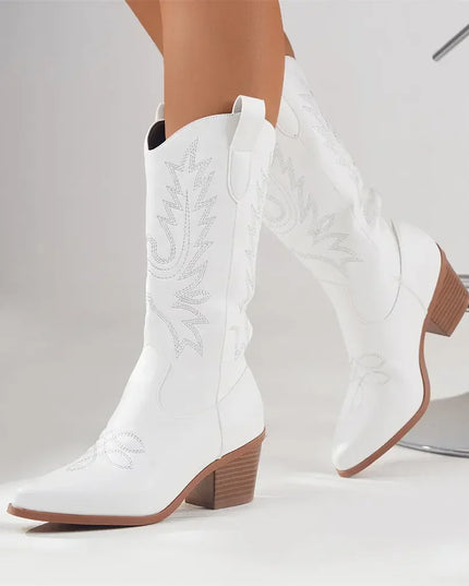 Mid‑Calf Block Heel Cowboy Boots White Boots