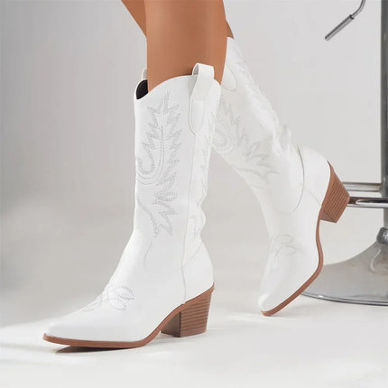 Mid‑Calf Block Heel Cowboy Boots White Boots