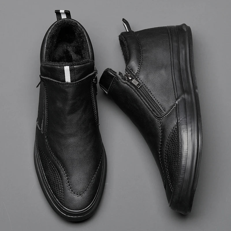 Men's Non-Slip Plush-Lined Leather Sneakers Shoes