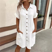 Camille | Casual Pleated Lapel Mini Shirt Dress White