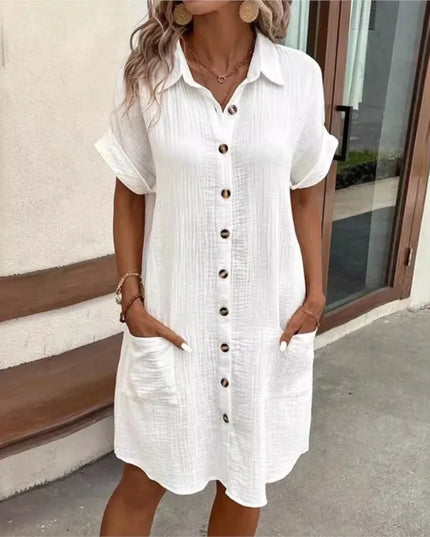 Camille™ | Casual Pleated Lapel Mini Shirt Dress White