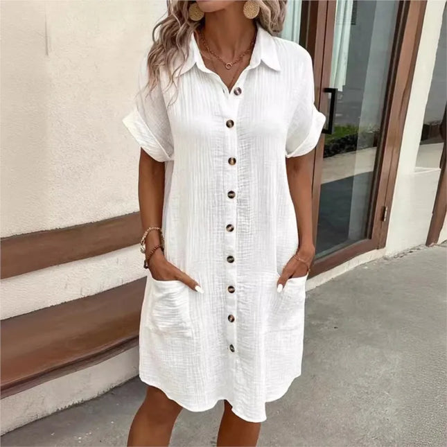 Camille™ | Casual Pleated Lapel Mini Shirt Dress White