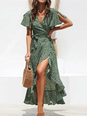 Bohemian Floral Chiffon Maxi Dress Green Dresses
