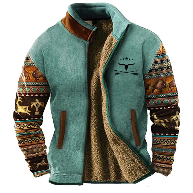 "Outwest" Sherpa Jacket – Ultra Warm Cozy Fleece Outerwear Blue - Patterned Jacket