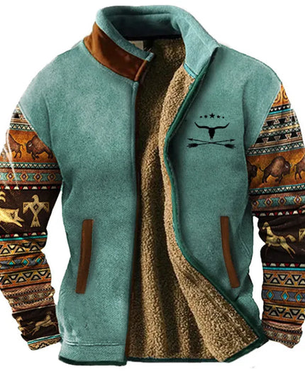 "Outwest" Sherpa Jacket – Ultra Warm Cozy Fleece Outerwear Blue - Patterned Jacket