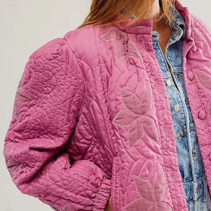 Print O-Neck Single-Breasted Jacket Pink Jacket