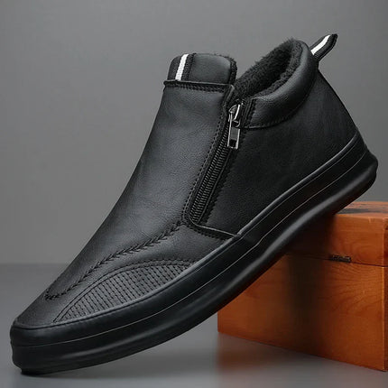 Men's Non-Slip Plush-Lined Leather Sneakers Black Shoes