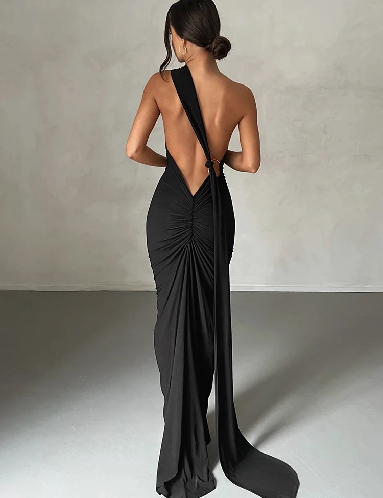 Hugcitar One‑Shoulder Ruched Maxi Dress black Dresses