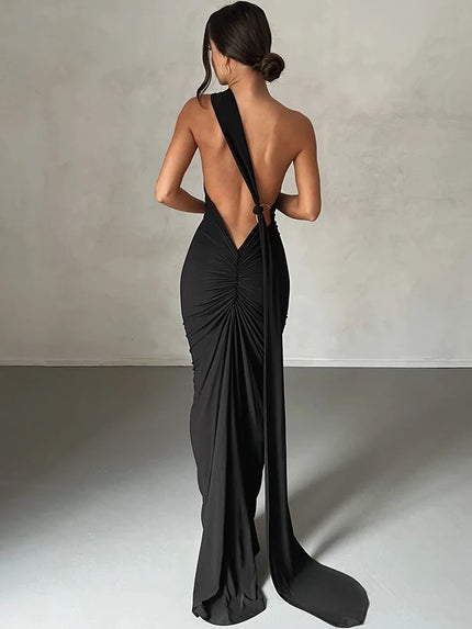 Hugcitar One‑Shoulder Ruched Maxi Dress black Dresses