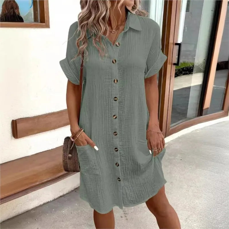 Camille | Casual Pleated Lapel Mini Shirt Dress Ash Green