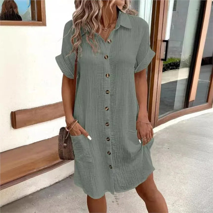 Camille™ | Casual Pleated Lapel Mini Shirt Dress Ash Green