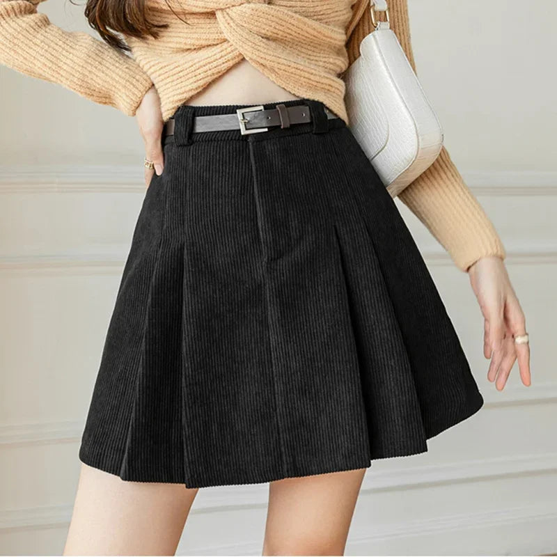 Vintage Corduroy Skirt – High-Waist Pleated Chic Black Skirts