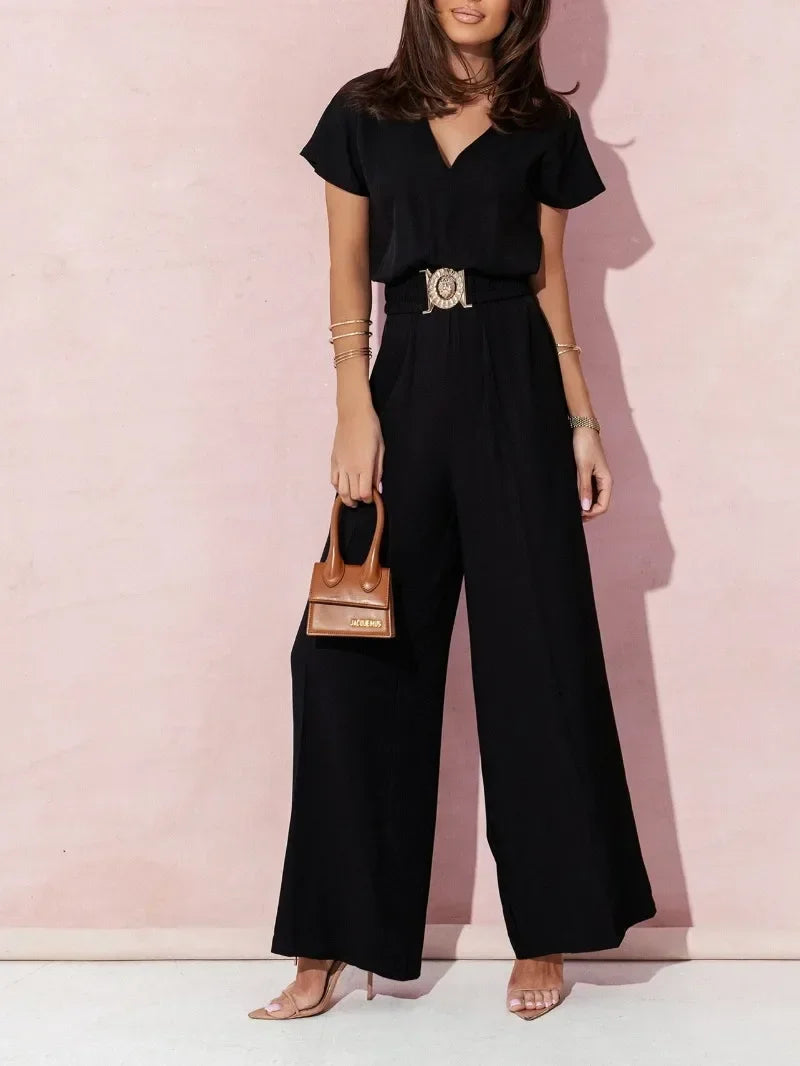 Ann | V-neck Short Sleeve Jumpsuit with Casual Belt Black