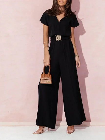 Ann | V-neck Short Sleeve Jumpsuit with Casual Belt Black